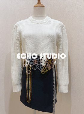 ECHO特~不退换 法式轻奢小众毒家重工精致水钻花朵镂空走秀针织衫