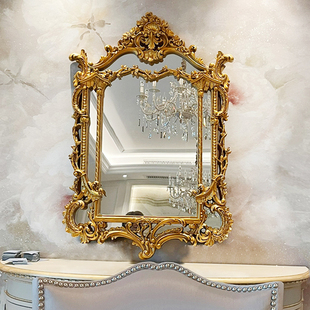 金箔镜子 欧式 复古宫廷风梳妆镜化妆镜客厅壁挂雕花玄关壁炉镜法式