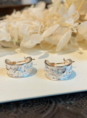 nojess十二星座 浮雕刻花重工宽版耳环纯银夜空星星个性复古耳饰