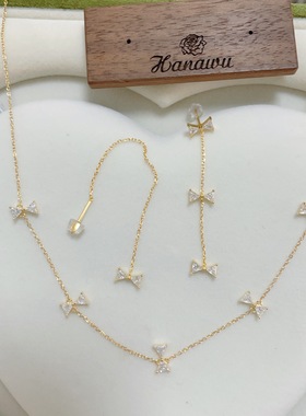 银版14k ahka 闪耀锆钻石蝴蝶结风筝不对称长款耳线耳环项链套装