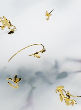 日本23夏AHKAH同款灵动花蝴蝶锆石耳环饰不对称纯银镀金气质个性