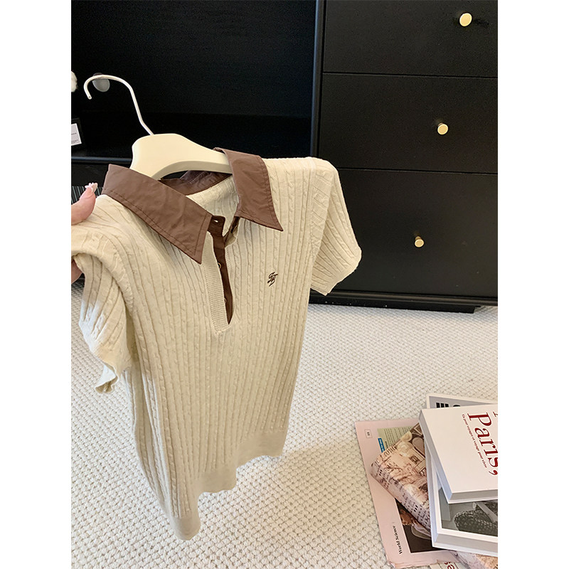 假两件polo领毛针织衫T恤女设计感拼色翻领学院风麻花纹短袖上衣