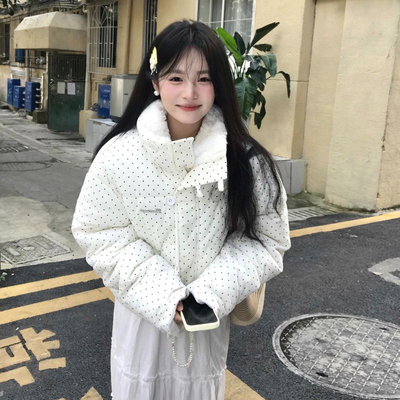 灯芯绒波点羽绒棉服女冬季小个子宽松加厚夹棉毛领面包服短款外套