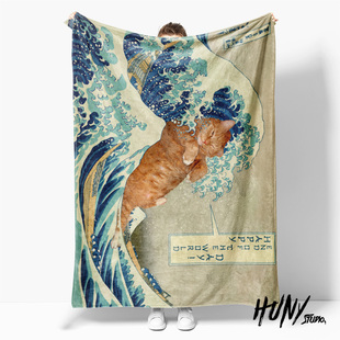 橘猫插画韩滉五牛图浮世绘葛饰北斋神奈川冲浪网红毛毯休闲毯绒毯