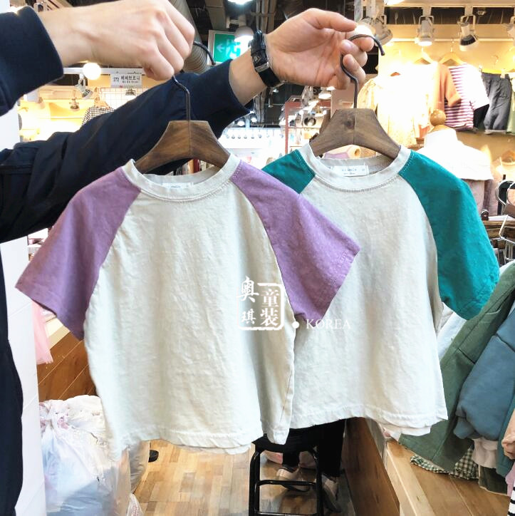 现货韩国进口童装夏装  男童女童拼色袖T恤衫儿童短袖19518