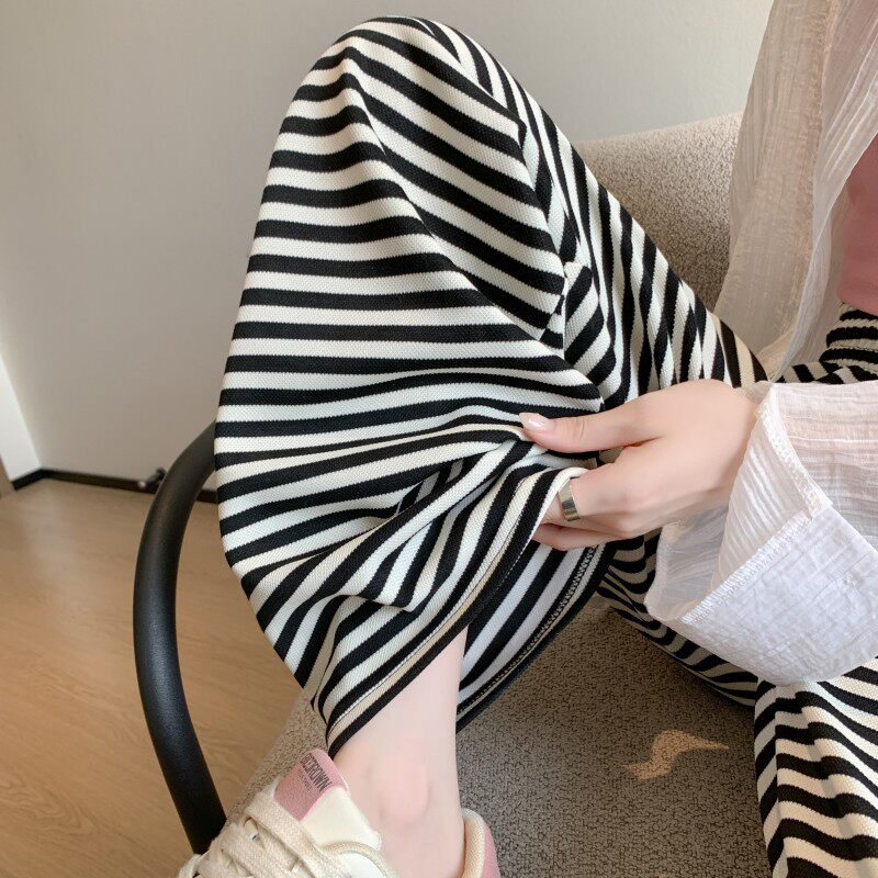 慵懒风黑白条纹阔腿裤子女春秋新款高腰垂感宽松直筒休闲裤长裤子