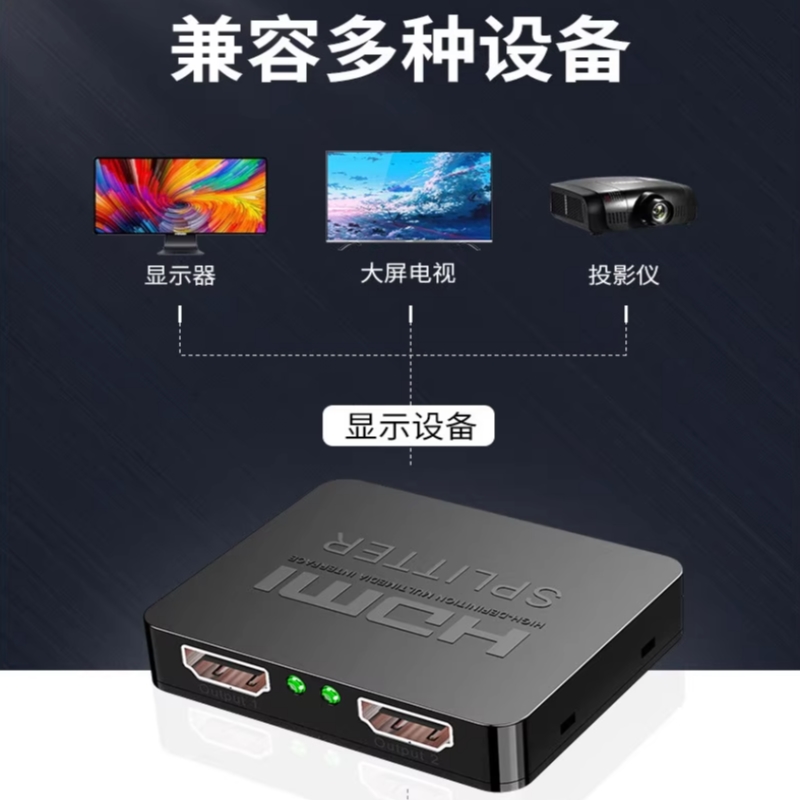 hdmi分配器一分二同时显示一样的画面4K高清1进2出一拖二分配器