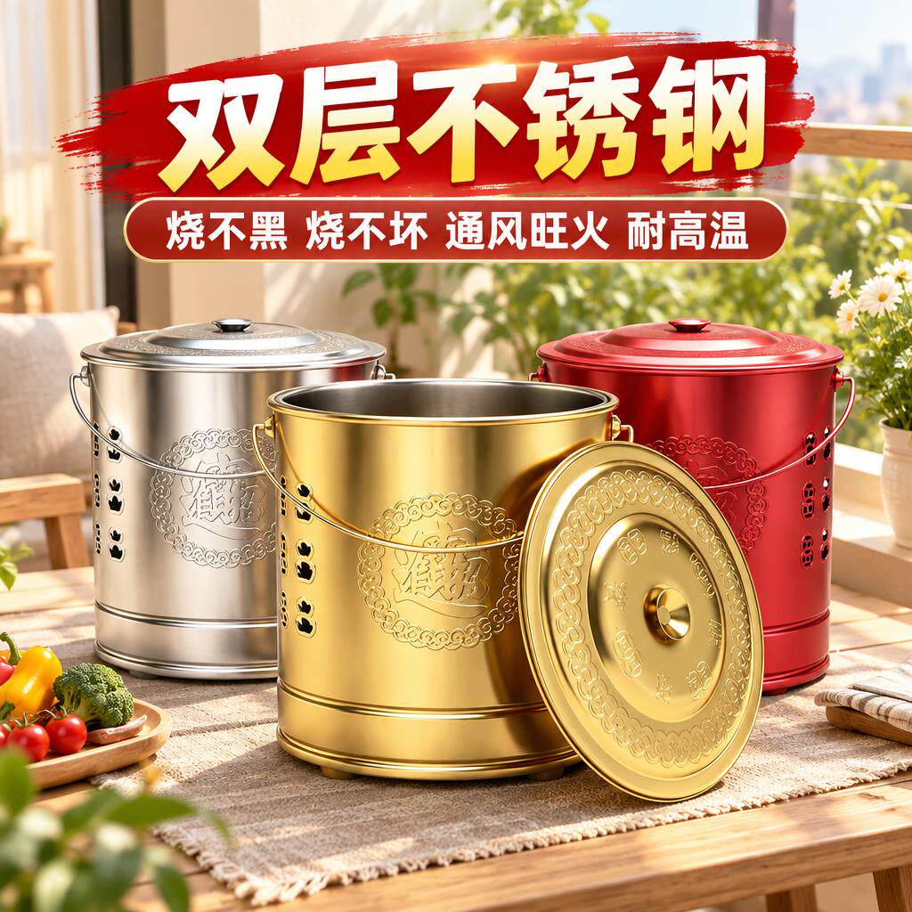 烧纸桶不锈钢家用室内无烟化宝桶隔热烧金桶元宝纸金钱焚烧聚宝盆