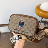 宽肩带刺绣帆布小方包2025新款 小熊单肩斜挎包ins网红卡通相机包