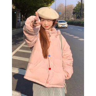 简约粉色设计感彩色扣面包服外套女冬季新款百搭宽松学生连帽棉服