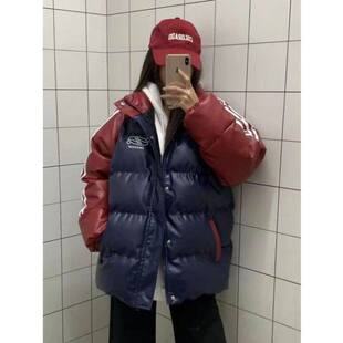 2025冬季新款藏青色拼接条纹三杠棉服女立领保暖学生保暖棉袄外套
