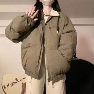 美式慵懒风格纹翻领棉服外套女学生冬新款复古拼接宽松保暖面包服
