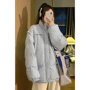 学院风蓝色立领字母刺绣加厚棉服女冬季新款ins保暖学生棉衣外套
