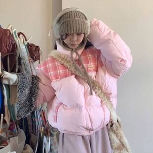 粉色少女风立领格纹棉衣女学生冬季百搭可爱甜美加厚防寒保暖棉服