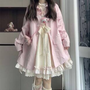 日系甜美可爱蝴蝶结绑带杏色连衣裙女学生叠穿粉色长袖衬衫两件套