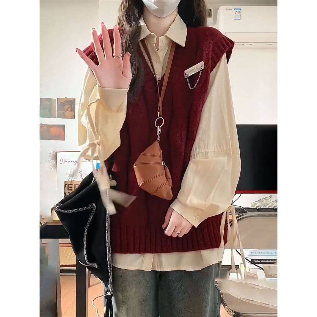 韩版学院风软糯宽松v领针织衫背心马甲毛衣女学生绑带衬衫两件套