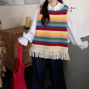 韩版学院风彩虹条纹流苏针织毛衣背心马甲女秋冬白衬衫两件套装