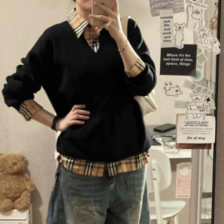 秋冬慵懒风一整套穿搭宽松遮肉v领针织衫套头毛衣女学生格纹衬衫