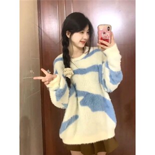 韩系软糯保暖套头拼色毛衣女学生秋冬新款慵懒风加厚圆领针织上衣