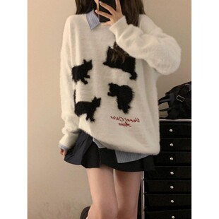 日系甜美风软糯宽松提花套头毛衣女学生秋冬毛茸茸百搭圆领针织衫