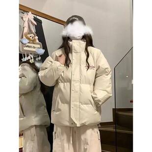甜美可爱字母印花立领pu皮撞色棉服女冬季宽松保暖面包服