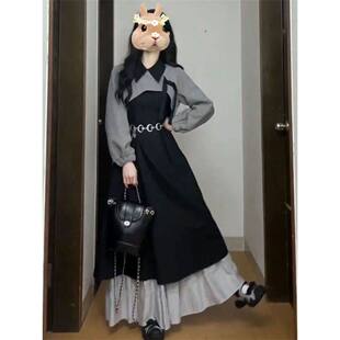 秋冬季两件套韩版甜美风气质收腰黑色背心连衣裙女灰色针织上衣