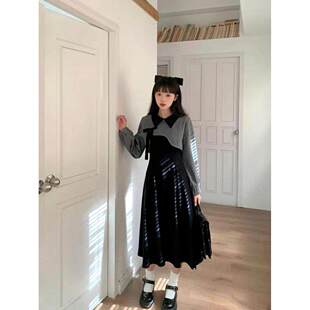 韩版甜美学院风气质收腰长心连衣裙女学生秋冬灰色针织衫两件套
