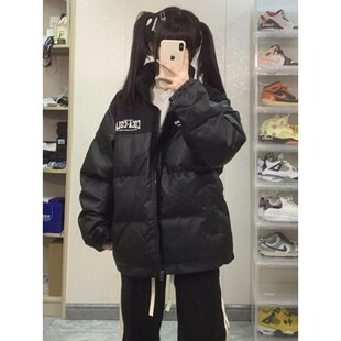 美式复古高街潮牌PU皮拼接棉衣外套女学生冬季立领加厚保暖面包服