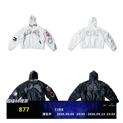 FVVO Embroidered PU Hooded Bomber Jacket刺绣PU连帽飞行员夹克