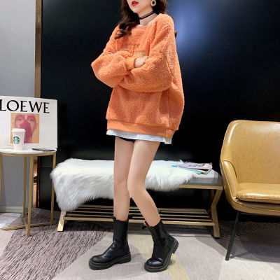 大码假两件羊羔毛圆领卫衣女潮ins冬季新款韩版宽松加绒加厚上衣