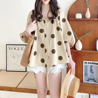 娃娃衫上衣女夏2025年新款法式甜美宽松v领灯笼袖波点七分袖衬衫