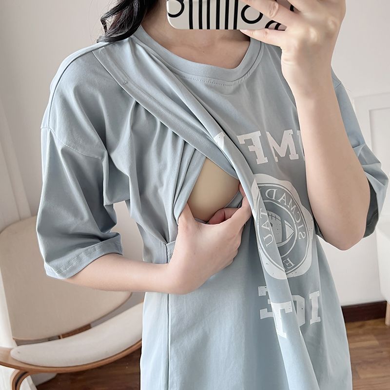 孕妇产后哺乳上衣外出春夏装月子服短袖T恤中长款喂奶期衣服夏季
