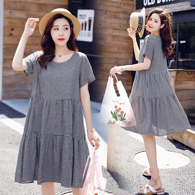 孕妇装中长款连衣裙女夏装新款流行裙子大码宽松格子A字孕妇裙子