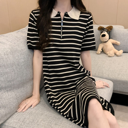 女装裙子条纹polo领T恤连衣裙女夏季宽松显瘦休闲气质减龄短裙子