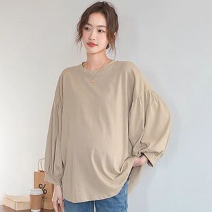 秋季 灯笼袖 上衣韩版 衬衫 内搭卫衣春秋T恤纯色宽松 圆领长袖 孕妇装