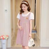 连衣裙夏装 短袖 新款 条纹假两件夏季 孕妇裙子 拼接T恤中长款 孕妇装