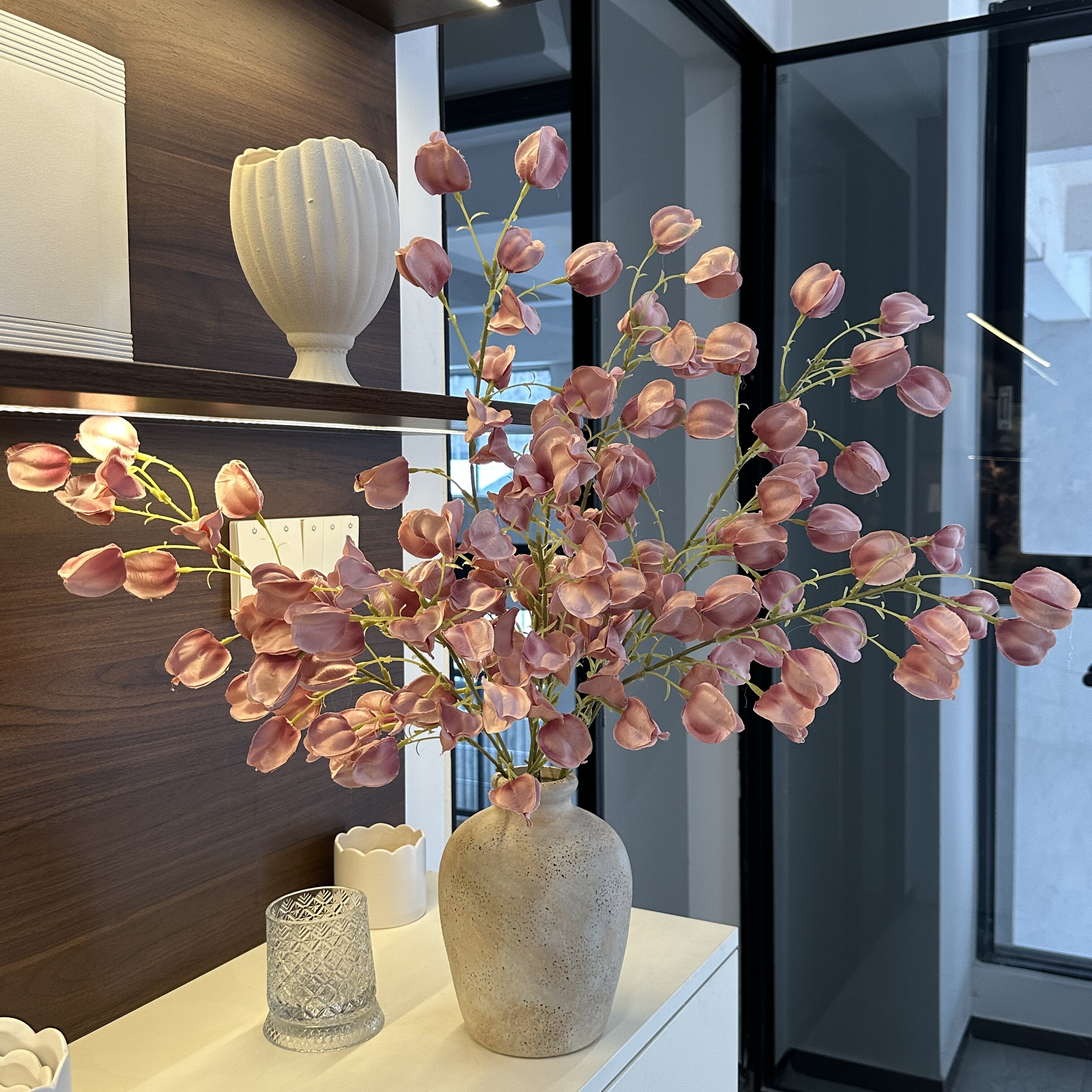 高级感豆沙粉仿真花侘寂风粗陶花花瓶