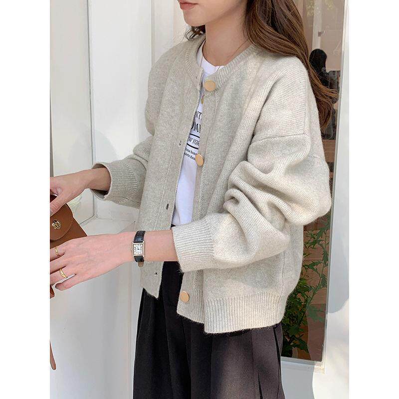 温柔松弛感针织开衫女早春装秋冬季复古纽扣上衣宽松外套毛衣