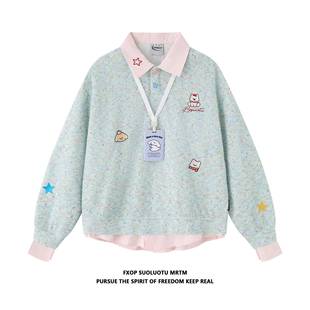 FXOP美式星星小狗刺绣彩点针织polo领卫衣女宽松慵懒风假两件上衣