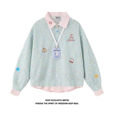 FXOP美式星星小狗刺绣彩点针织polo领卫衣女宽松慵懒风假两件上衣