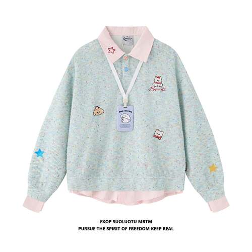 FXOP美式星星小狗刺绣彩点针织polo领卫衣女宽松慵懒风假两件上衣