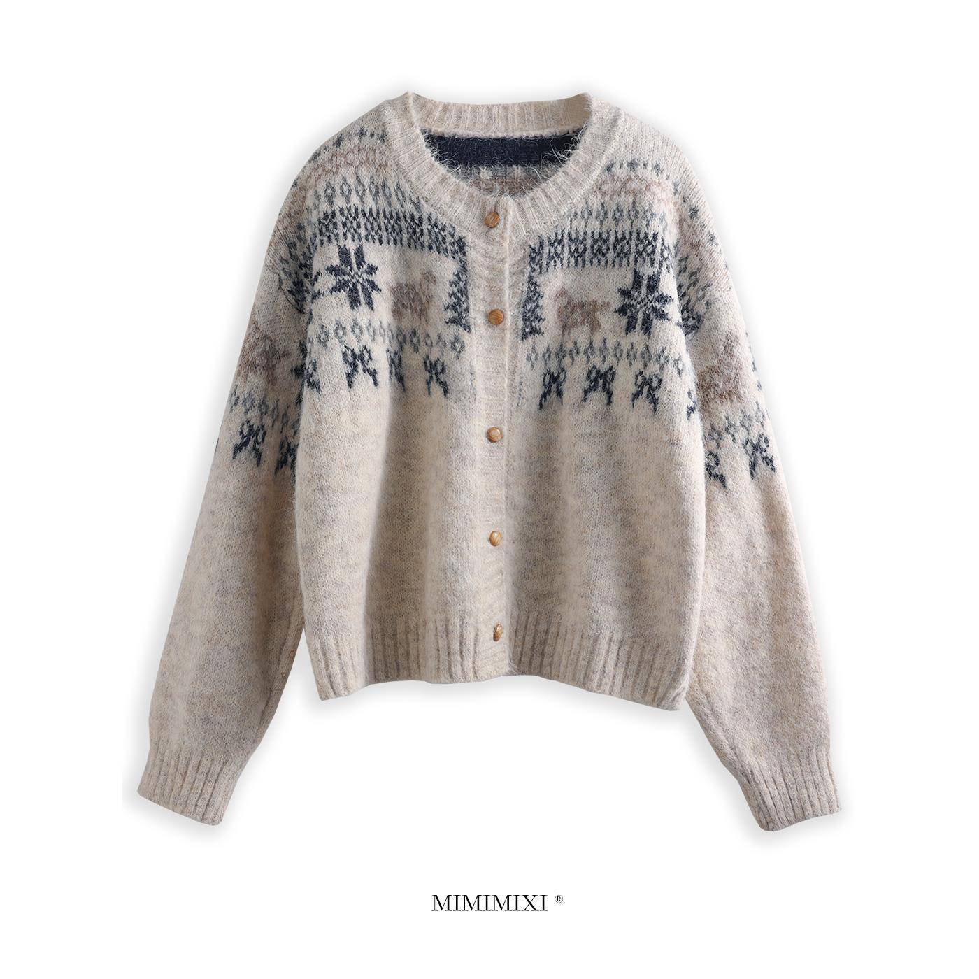 MIMIMIXI费尔岛提花针织开衫女秋冬覆古羊毛上衣宽松百搭毛衣外套
