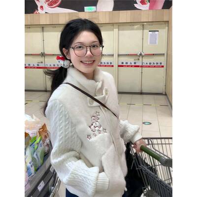 韩系甜美针织拼接兔毛外套女冬季小个子短款夹棉加绒加厚毛衣开衫
