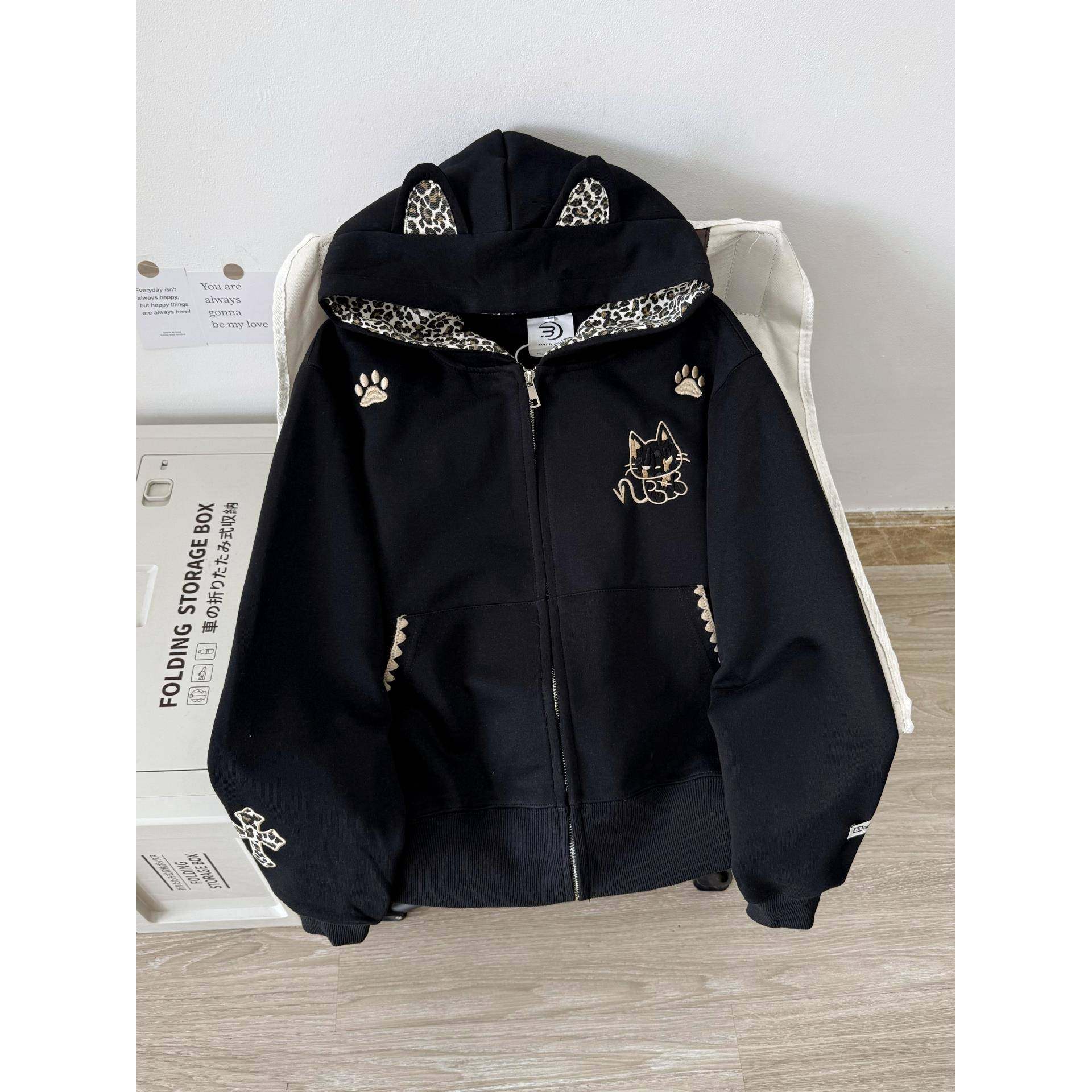 Nuneon美式覆古开衫拉炼外套豹纹恶魔秋冬宽松加绒连帽卫衣女情侣