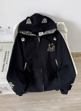 Nuneon美式覆古开衫拉炼外套豹纹恶魔秋冬宽松加绒连帽卫衣女情侣