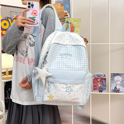 小清新星星格子女学生双肩包
