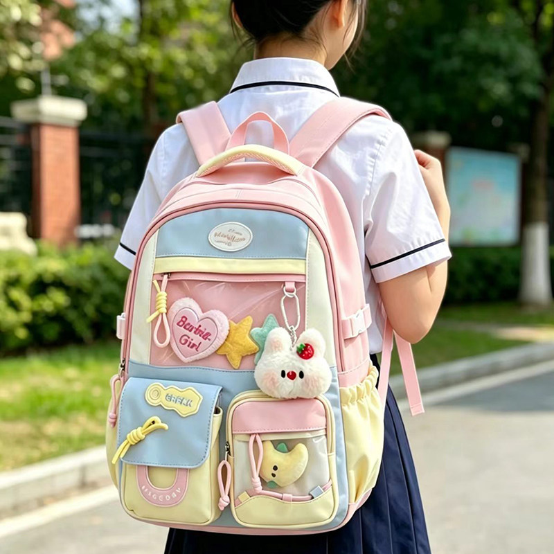 多巴胺撞色透明痛包双肩包女学生大容量轻便背包初中小学女生书包