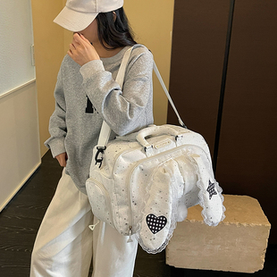 可爱蕾丝兔耳朵手提单肩波点女斜跨包干湿分离学生旅行大容量女包