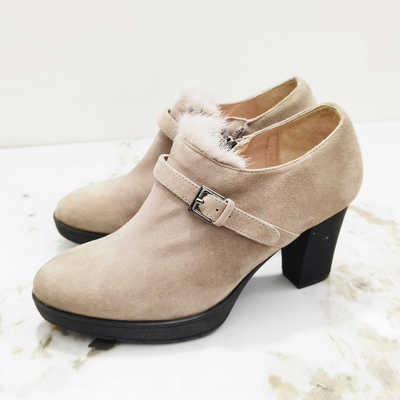 磨砂真皮粗跟单鞋防水台复古