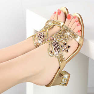 百丽纯爱水钻拖鞋女时尚优雅外穿中跟凉拖夏季粗跟高跟凉鞋真皮鞋